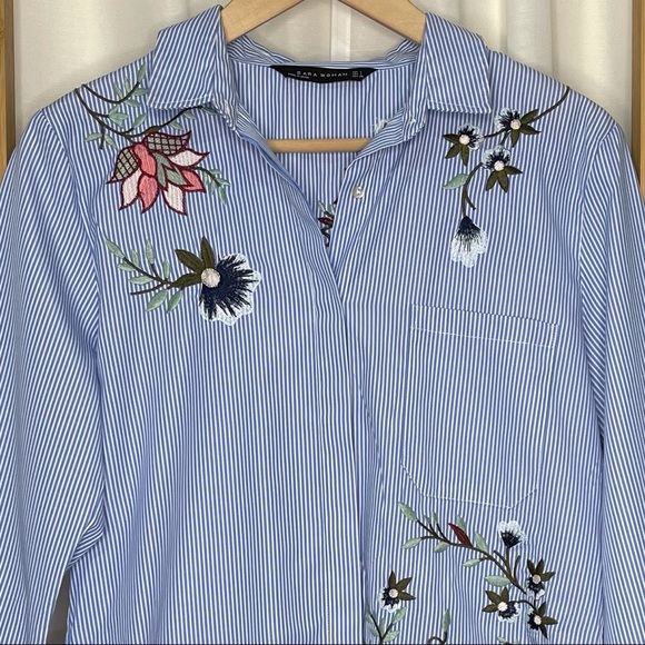 SOLD Zara Blue Striped Floral Embroidered Shirt L - Picture 4 of 8